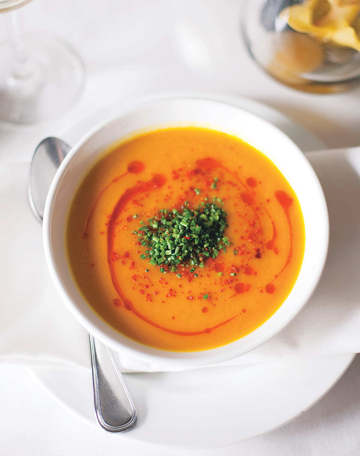 Red kuri squash soup at Ten Tables—Cambridge. Photograph by Michael Piazza.