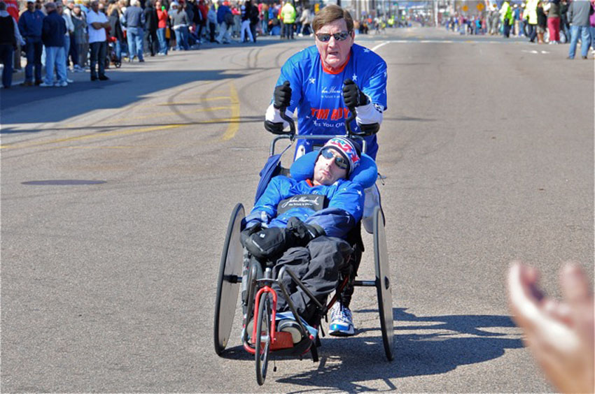 Dick and Rick Hoyt, the father-and-son team, are pictured above at the Boston Marathon in 2011 and will compete again this year (Photo via Peter Morville/Flickr).