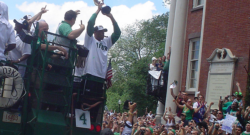 Paul Pierce celebrating with his Finals MVP Trophy. Photo via Flickr/Michael Femia