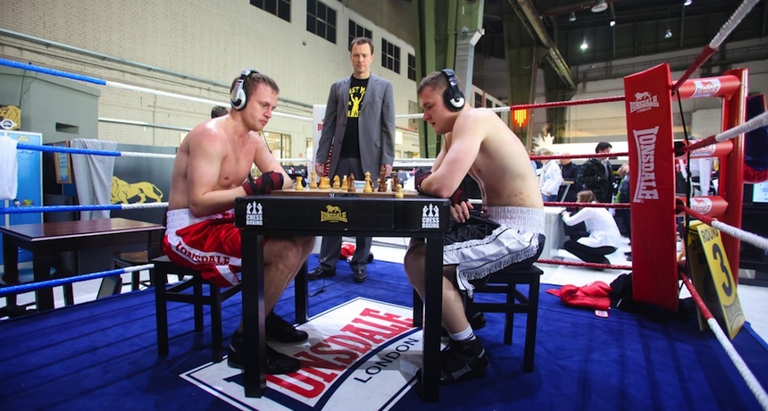 Chessboxing is for real. Chessboxing photo via Paul Precott/Shutterstock.