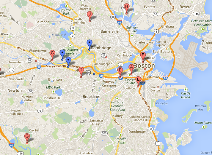 Map of Boston Sports clubs via Google Maps
