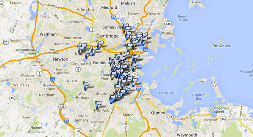 Look at all the parks with water spray features in and around Boston. Google Maps.