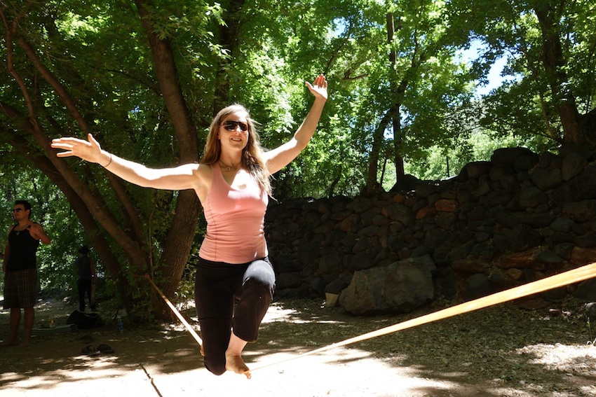 Fieberg's wife, Laura, demonstrates a slacklining move during a workshop. Photo provided.