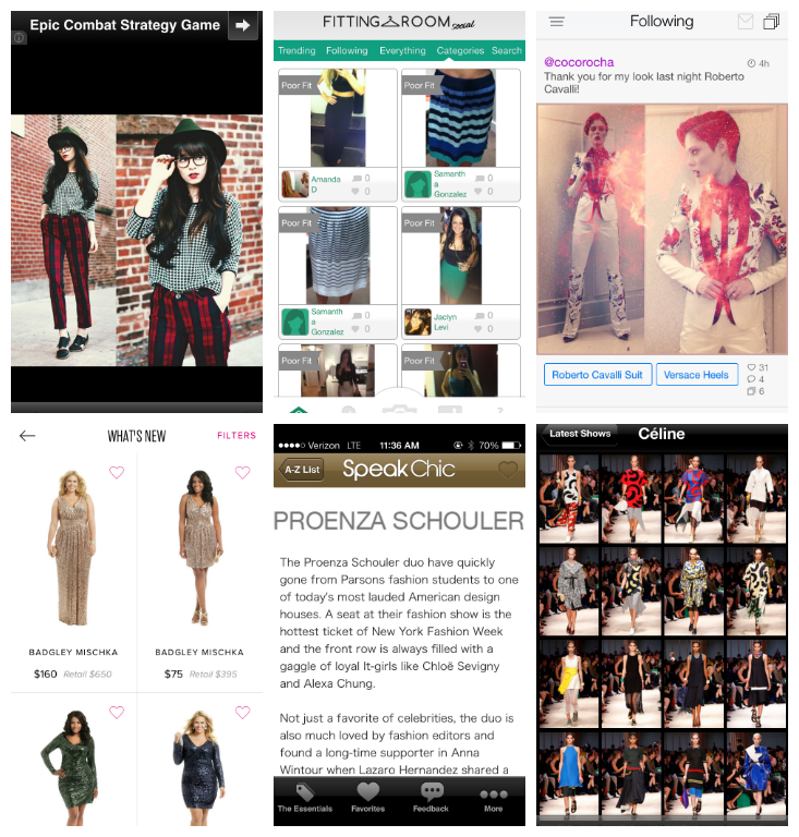 Top row: Screenshots from Chic Feed, Fitting Room Social, and Pose; Bottom row: Screenshots from Rent the Runway, Speak Chic, and Style.com