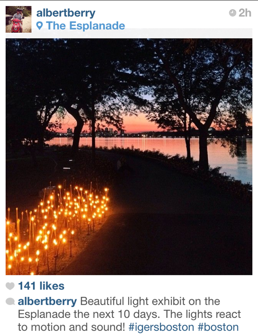 One of Boston's most popular IGers captured this shot Tuesday night on the Esplanade. The exhibit begins Thursday.