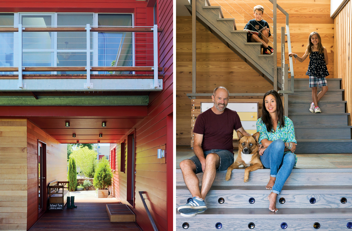 Left: A red breezeway connects the street to the backyard; its color and form were inspired by New England’s many historical covered bridges. The kids’ bedrooms, with their own private balconies, are above. Right: Developer Duncan MacArthur sits on the steps of his new home with his wife, Diana, their children, LiLi and Harry, and the family dog, Rhedd.