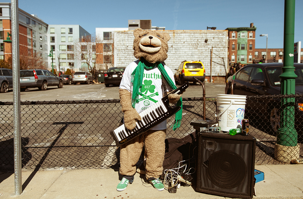 Draped in green, Boston's darling Keytar Bear came out to Southie for this year's festivities.
