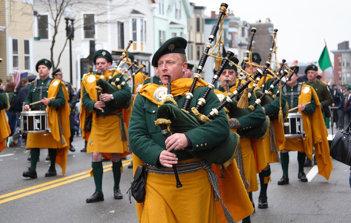 Irishmen playing bagpipes