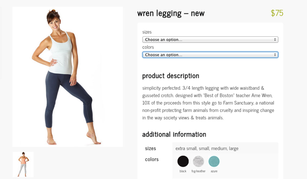 Screenshot of the Wren legging purchase page. 