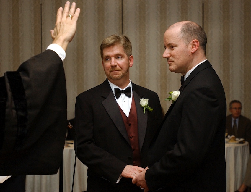 Michael Horgan, left, and Ed Balmelli, right, sued Massachusetts for the right to marry their partners. (AP Photo/Steven Senne)