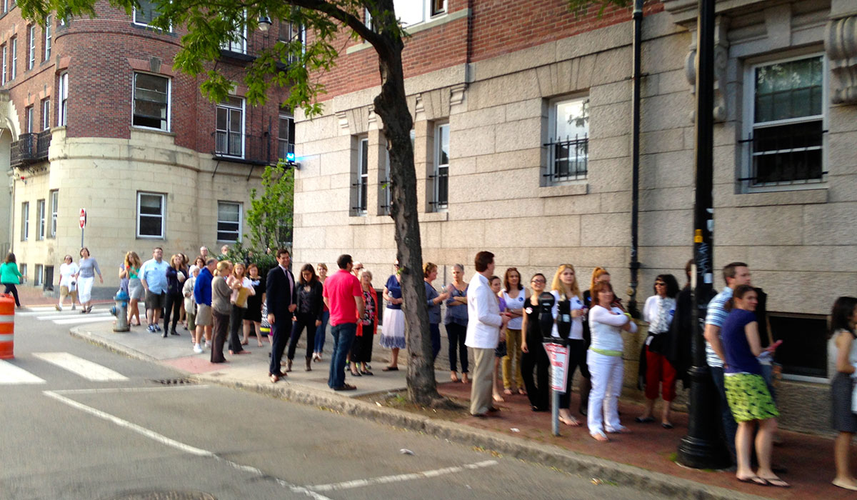 A small portion of the line outside on Bow street.