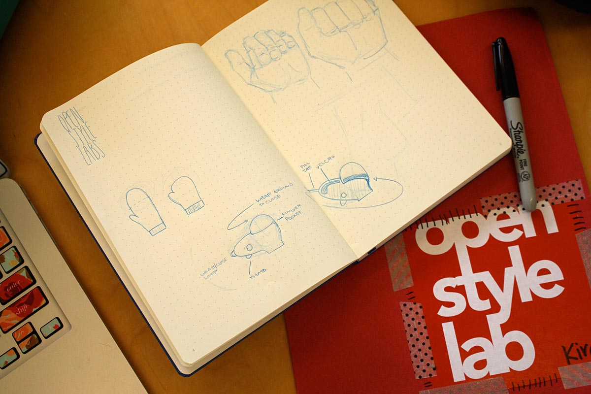 OSL fellow Alex Peacock's sketch of a glove that can be worn by his client who has fisted hands due to a spinal cord injury. Photo by Kira Bender.
