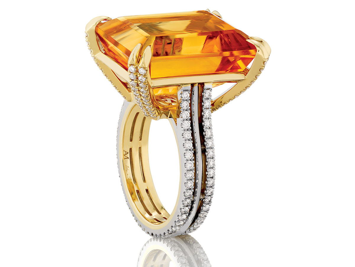 Platinum and 18-karat-yellow-gold ring with citrine and diamonds. Photograph by Scott Goodwin.