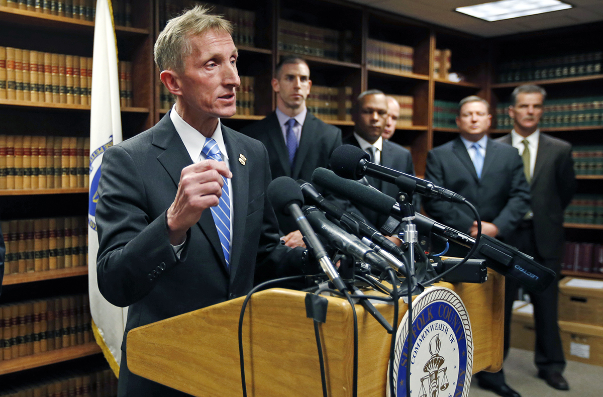 Boston Police Commissioner William Evans speaks at a news conference in Boston, Thursday, May 15, 2014. (AP Photo/Elise Amendola)