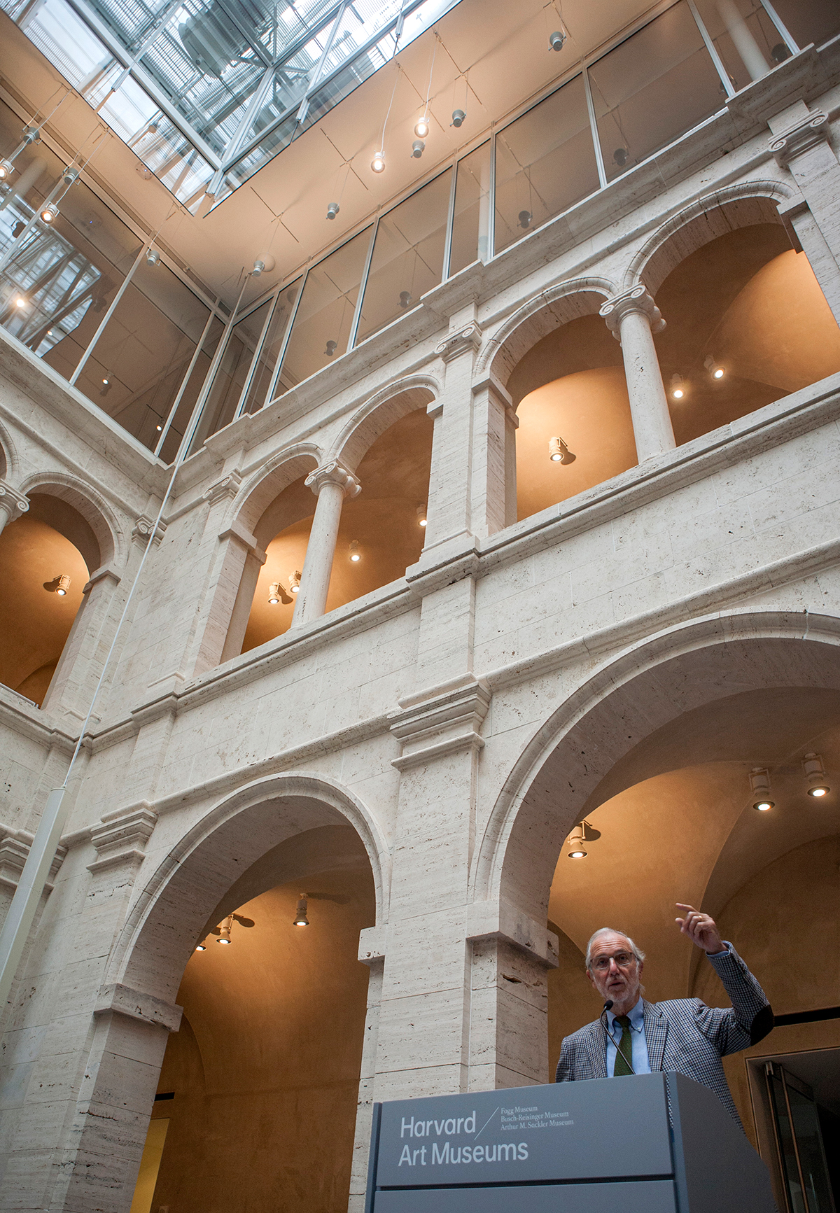 Architect Renzo Piano spoke at the new Harvard Art Museums building last week, the culmination of a six-year-long restoration and expansion project. / Photo by Olga Khvan