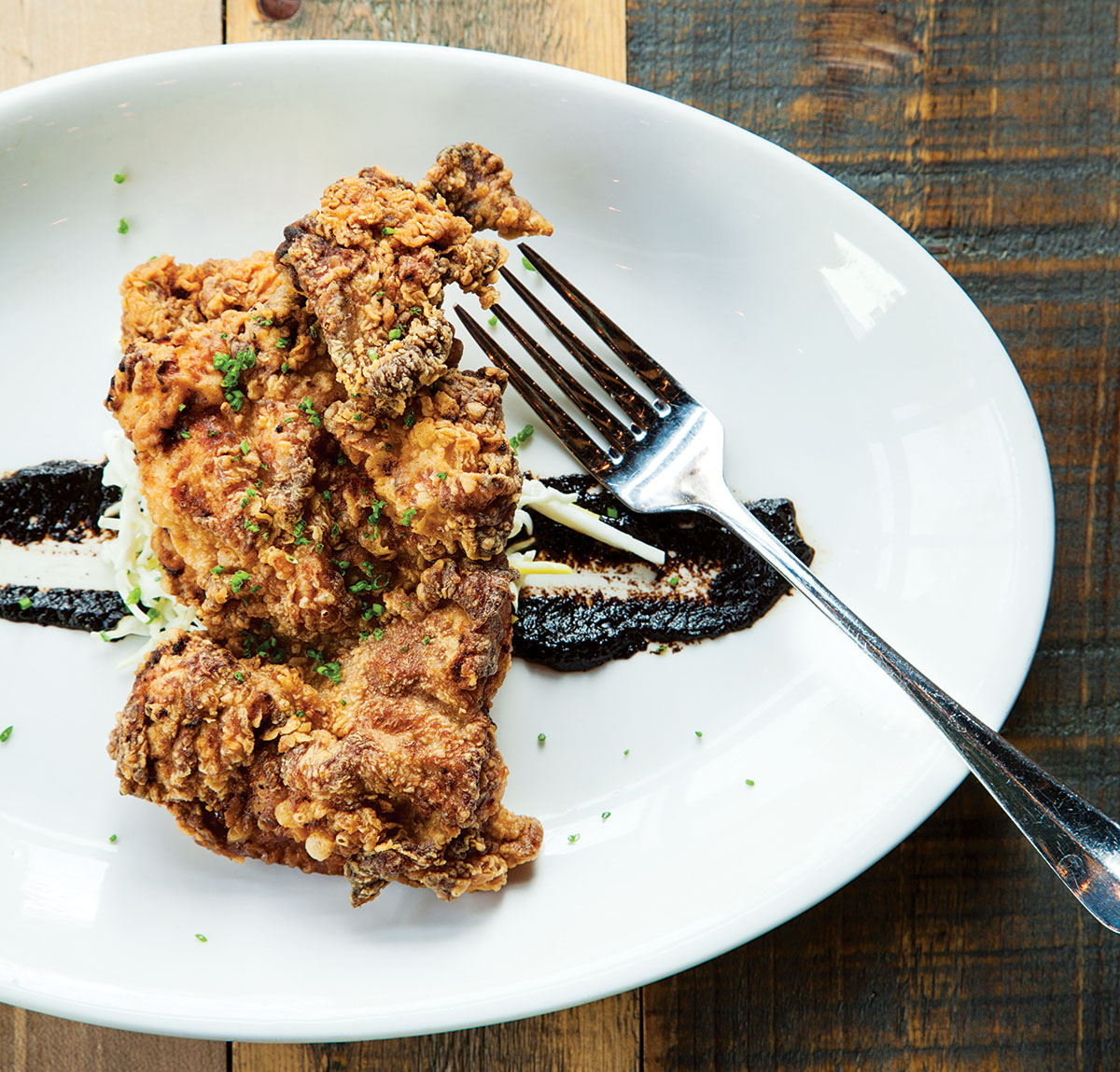 The buttermilk-fried chicken thighs. Photograph by Anthony Tieuli.