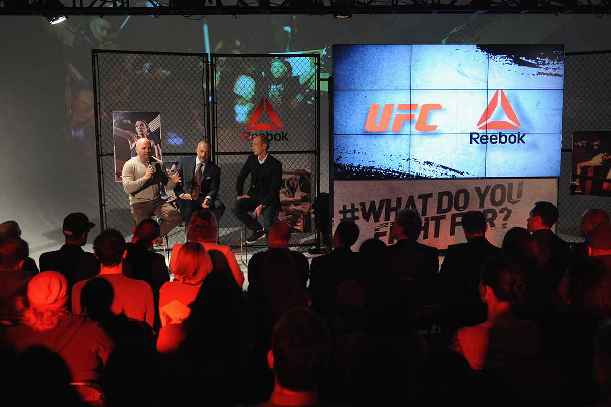 Dana White, Lorenzo Fertitta, and Matt O'Toole appear on stage at Reebok and UFC Announce Long-Term Partnership. (Photo by Brad Barket/Getty Images for Reebok) 