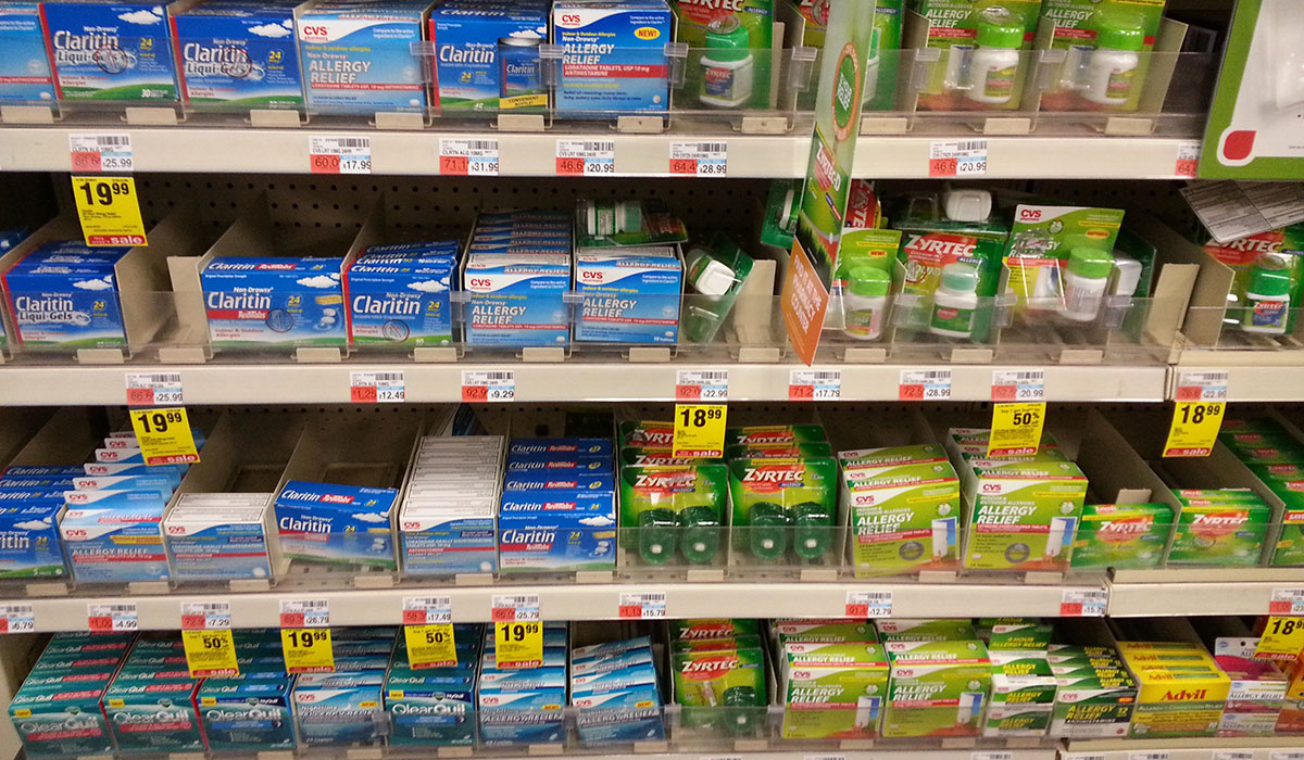 sampling of allergy medications currently available at cvs in allston. photo by andrea timpano.