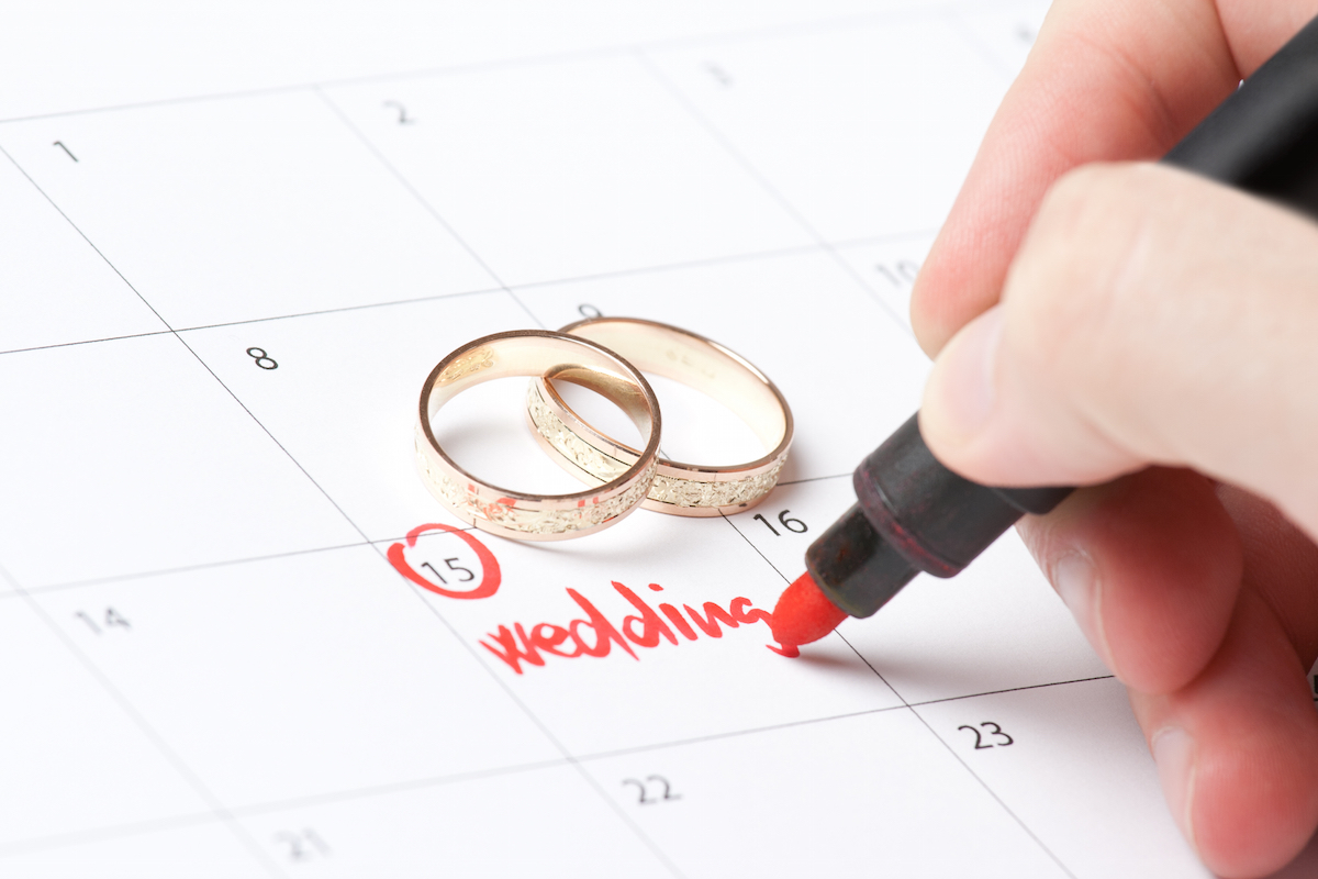 Wedding rings and hand writing word wedding into calendar via Shutterstock