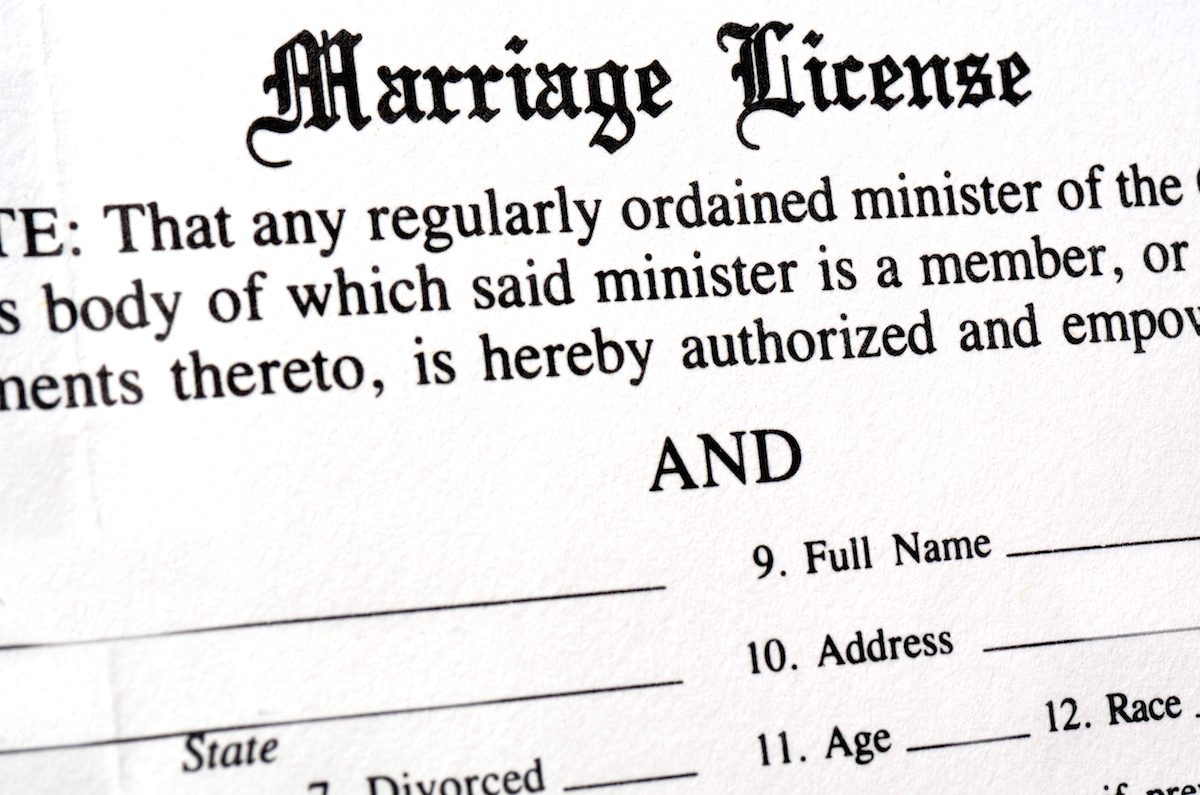 Closeup of Marriage License document form to be filled out and filed via Shutterstock