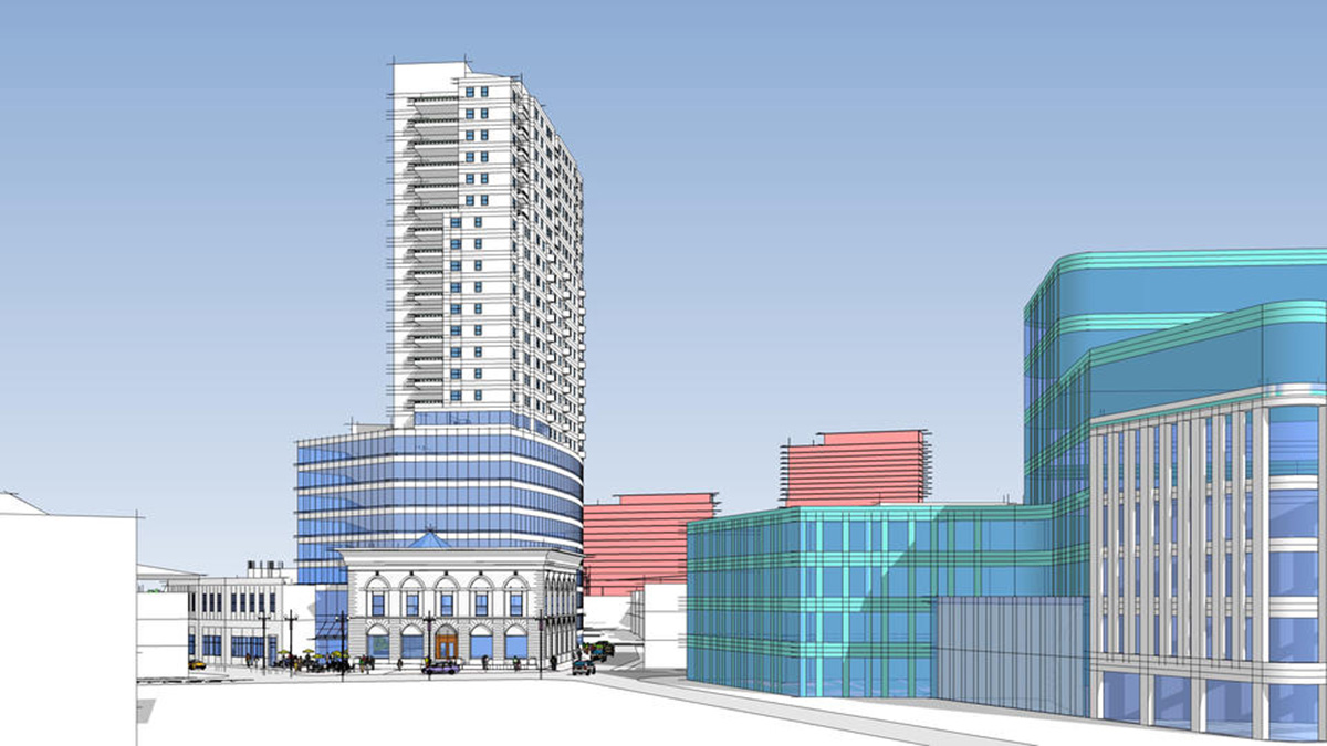 Planned 25 story tower in Dudley Square. Rendering via Stull and Lee Inc.