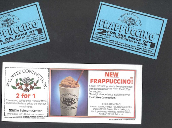 Coupons from Coffee Connection's launch of the Frappuccino via 'The Story of the Frappuccino' by Janelle Nanos