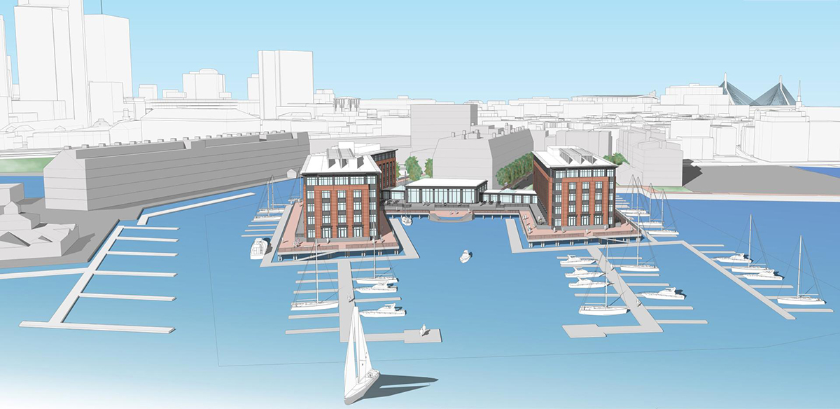 Planned hotel on Lewis Wharf. Rendering via Tiitman Architects