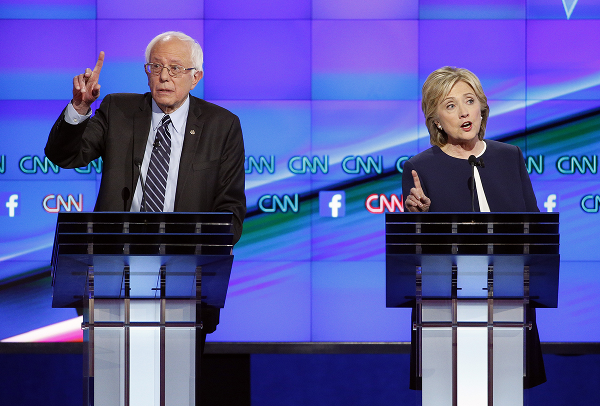 Senator Bernie Sanders and former Secretary of State Hillary Clinton at the CNN debate. Via AP