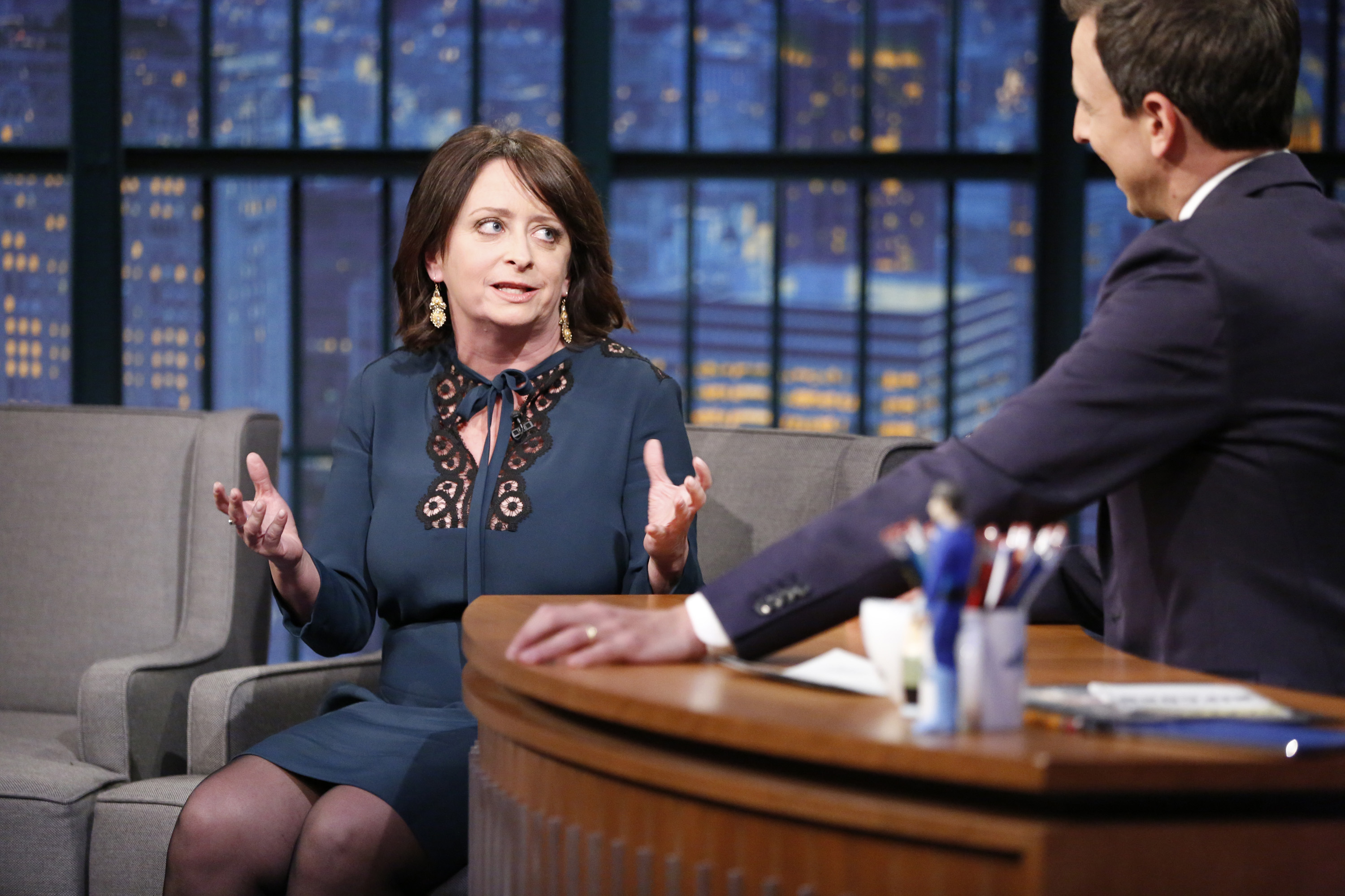 LATE NIGHT WITH SETH MEYERS -- Episode 277 -- Pictured: (l-r) Comedian Rachel Dratch during an interview with host Seth Meyers on October 26, 2015 -- (Photo by: Lloyd Bishop/NBC)