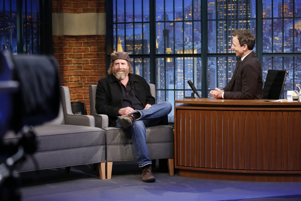 LATE NIGHT WITH SETH MEYERS -- Episode 279 -- Pictured: (l-r) Comedian Steven Wright during an interview with host Seth Meyers on October 28, 2015 -- (Photo by: Lloyd Bishop/NBC)