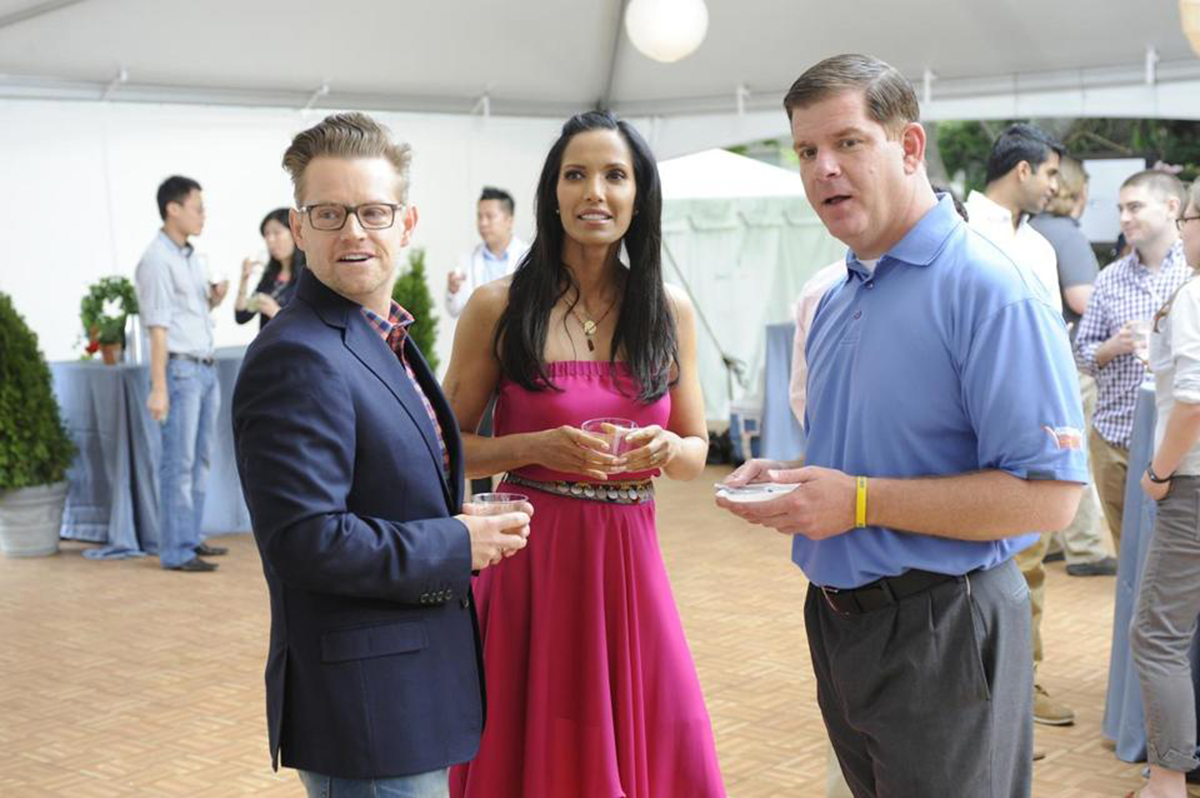 Padma Lakshmi and Marty Walsh on the set of Top Chef Boston in 2014. Photo by David Moir/Bravo