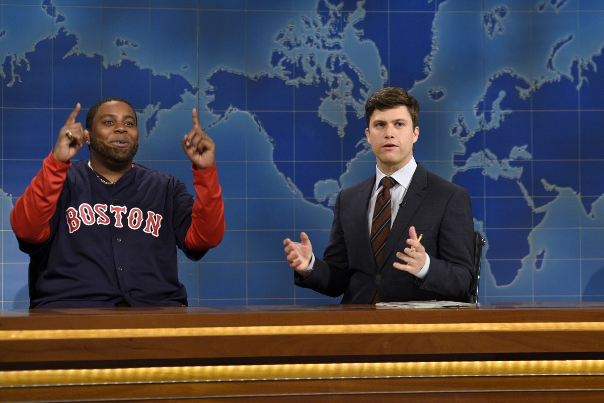 SATURDAY NIGHT LIVE -- "Matthew McConaughey" Episode 1689 -- Pictured: (l-r) Kenan Thompson as David "Big Papi" Ortiz and Colin Jost during Weekend Update on November 21, 2015 -- (Photo by: Dana Edelson/NBC)