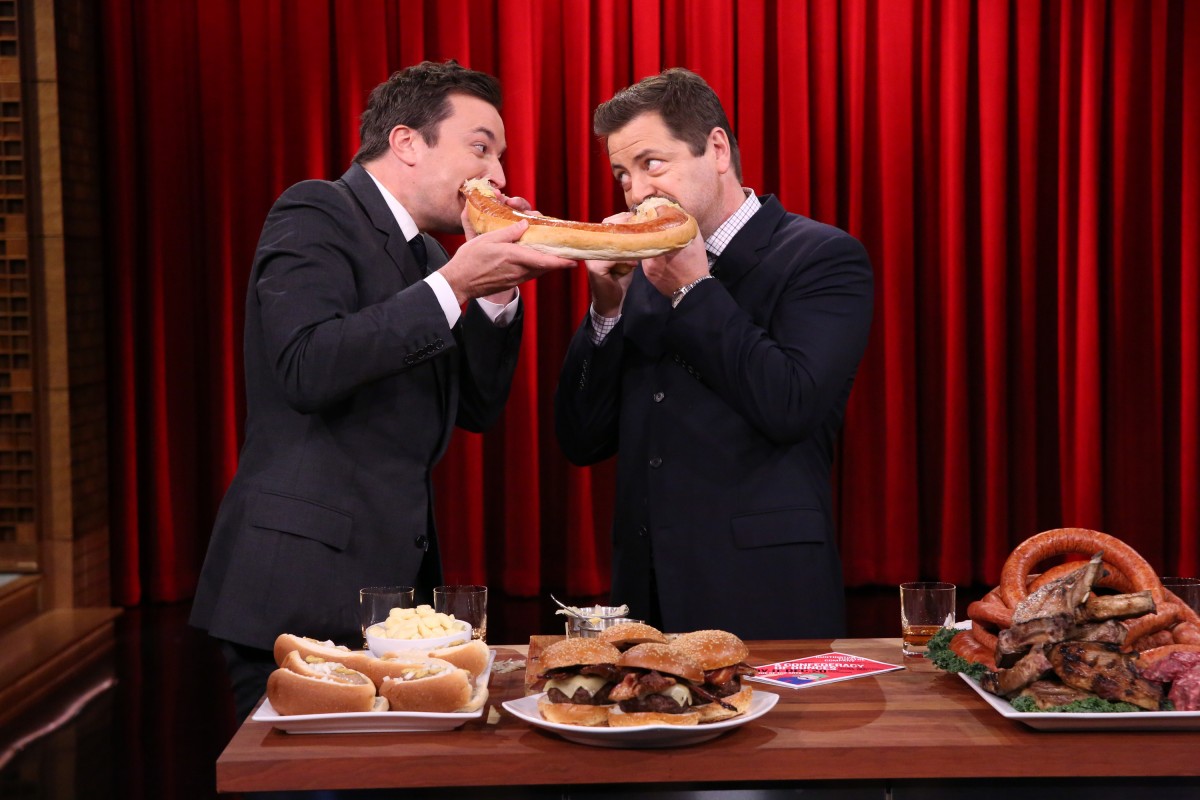 THE TONIGHT SHOW STARRING JIMMY FALLON -- Episode 0363 -- Pictured: (l-r) Host Jimmy Fallon joins actor Nick Offerman for a Meat Demo on November 9, 2015 -- (Photo by: Douglas Gorenstein/NBC)