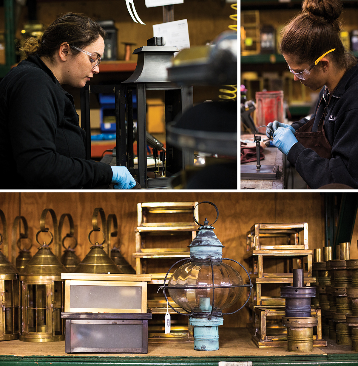 Clockwise from top, a worker applies a finish to a “Concord” fixture; wiring a wall sconce with a candelabra socket requires precision; prior to installing glass, a craftsman ­inspects the top of a fixture to ensure proper fitting; the “Heal” and “Onion” fixtures are among Northeast Lantern’s most popular items. / Photographs by Pat Piasecki