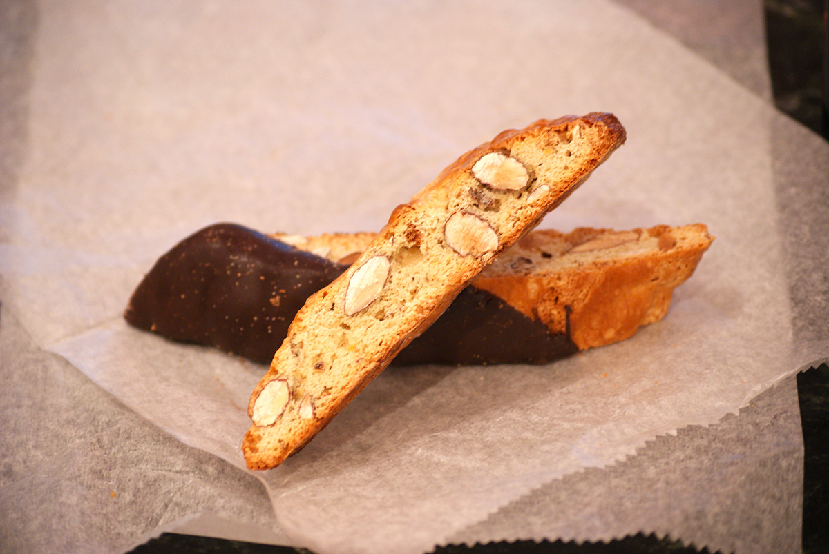 Regular Almond and Chocolate Dipped Biscotti from Modern Pastry / Photo by Kyle Grace Mills