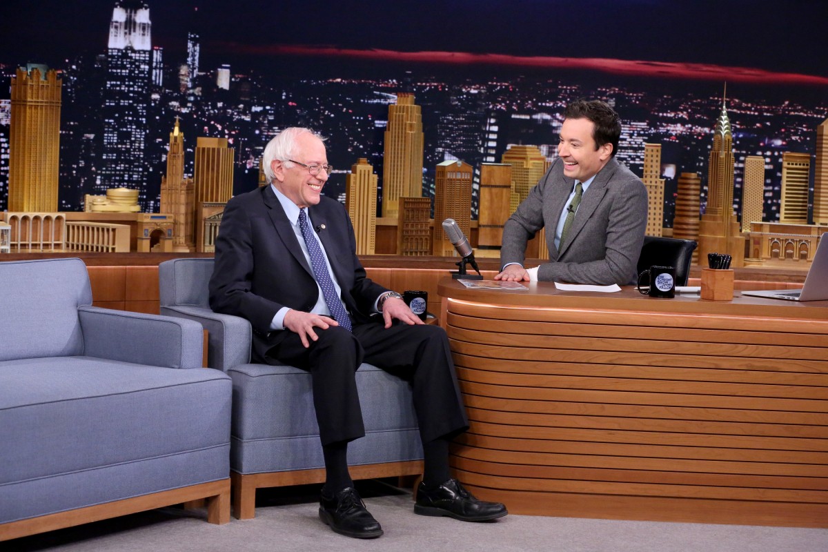 THE TONIGHT SHOW STARRING JIMMY FALLON -- Episode 0383 -- Pictured: (l-r) Senator Bernie Sanders during an interview with host Jimmy Fallon on December 8, 2015 -- (Photo by: Douglas Gorenstein/NBC)
