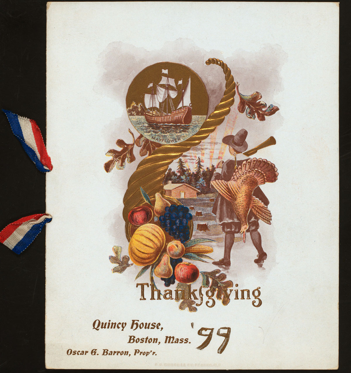 The cover of the Thanksgiving menu at Quincy House from 1899. / Image via the New York Public Library