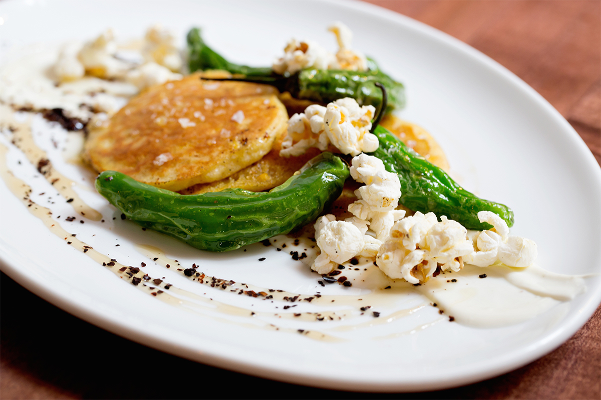 Pickled Verrill Farm Corn Pancakes with Shishito Peppers and Popcorn. Photo provided.
