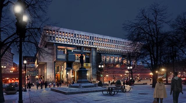 A rendering shows City Hall's new exterior with LED lights from a viewpoint at Faneuil Hall. / Photo provided by Mayor Marty Walsh's office