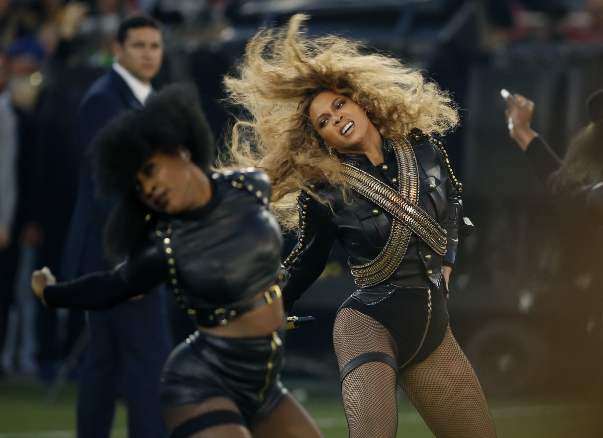 Beyonce performing at the Super Bowl 50 halftime show.