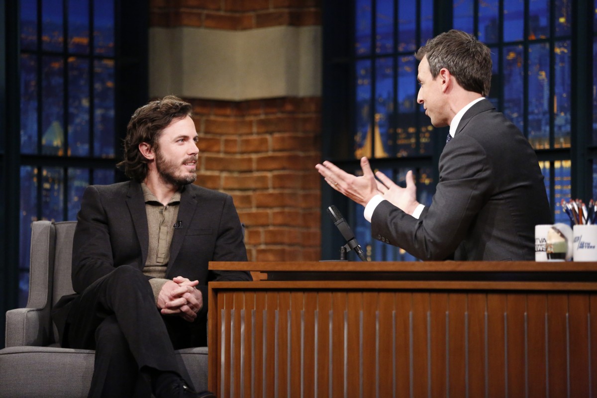 LATE NIGHT WITH SETH MEYERS -- Episode 333 -- Pictured: (l-r) Actor Casey Affleck during an interview with host Seth Meyers on February 24, 2016 -- (Photo by: Lloyd Bishop/NBC)