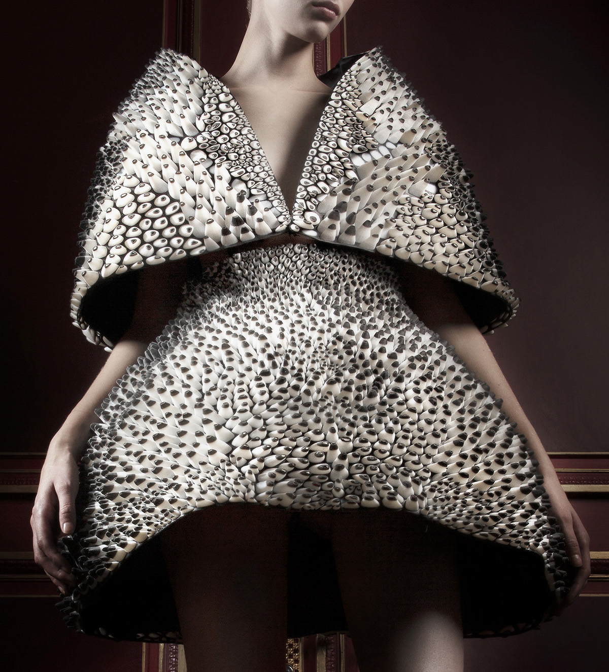 Anthazoa 3D Cape and Skirt, Voltage Collection (detail) Designed by: Iris van Herpen (Dutch, born in 1984) Designed by: Neri Oxman (Israeli, born 1976) Printed by: Stratasys Group shot: 2013.1487.1‑2 Dutch, 2013 3D‑printed polyeurethane rubber and acrylic, steel cage, and cotton twill inner lining and silk satin lining *Museum purchase with funds donated by the Fashion Council, Museum of Fine Arts Boston * M. Zoeter x Iris van Herpen © *Photography by Ronald Stoops *Courtesy, Museum of Fine Arts, Boston