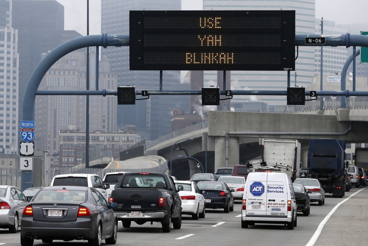 An electronic highway sign is seen on Interstate 93 in Boston, Friday, May 9, 2014. The Massachusetts Department of Transportation posted the message "Changing Lanes? Use Yah Blinkah" on the signs around the city. "Blinkah" is how Bostonians pronounce "blinker". (AP Photo/Michael Dwyer)