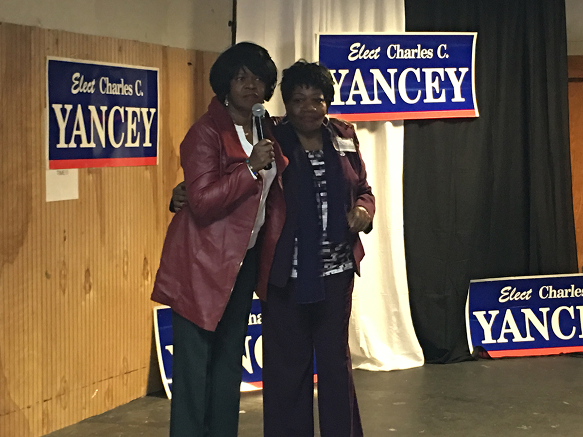 Rep. Gloria Fox (right) stands with formerr Sen. Dianne Wilkerson at campaign event for Charles Yancey. Photo by Garrett Quinn