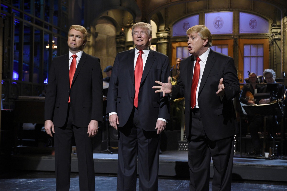 SATURDAY NIGHT LIVE -- "Donald Trump" Episode 1687 -- Pictured: (l-r) Taran Killam, Donald Trump, and Darrell Hammond during the monologue on November 7, 2015 -- (Photo by: Dana Edelson/NBC)