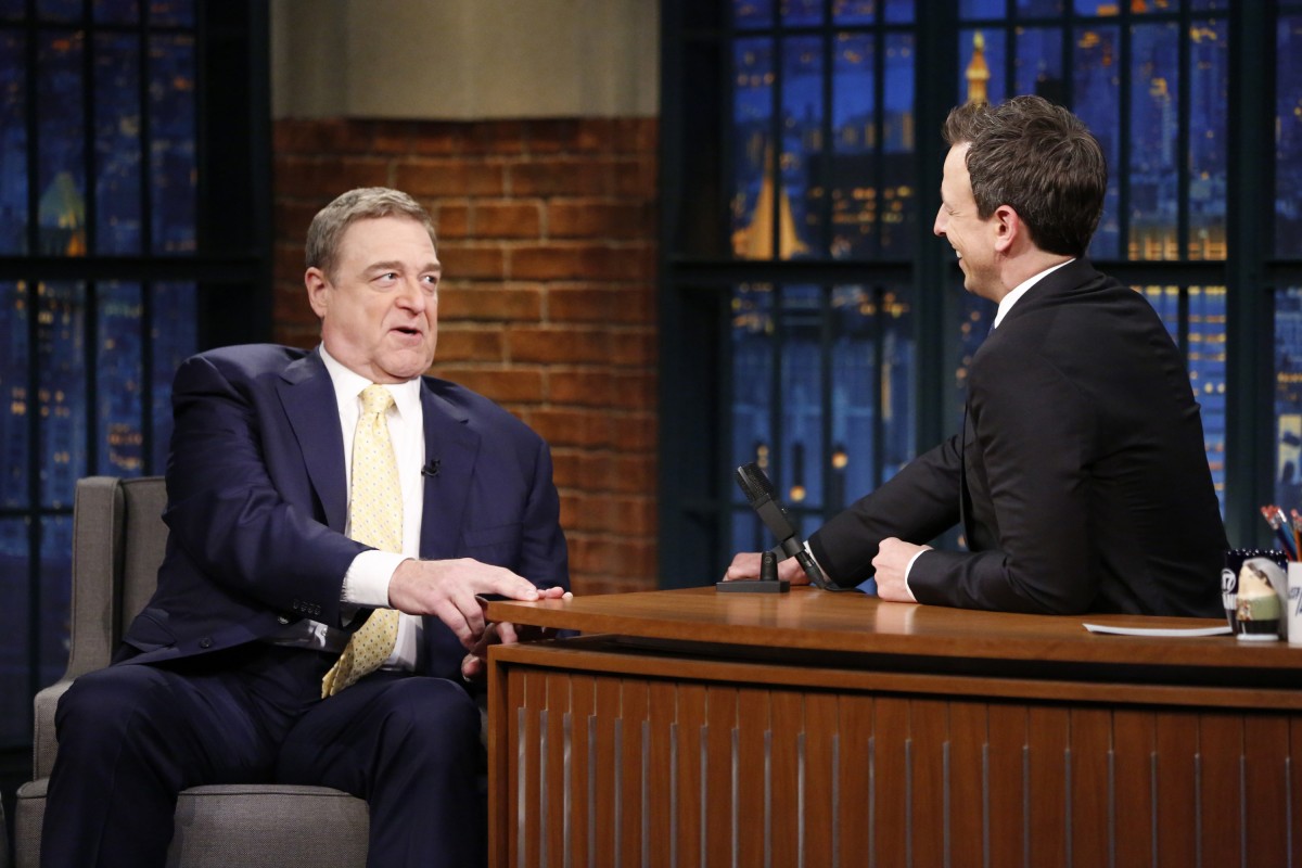LATE NIGHT WITH SETH MEYERS -- Episode 341 -- Pictured: (l-r) Actor John Goodman during an interview with host Seth Meyers on March 16, 2016 -- (Photo by: Lloyd Bishop/NBC)