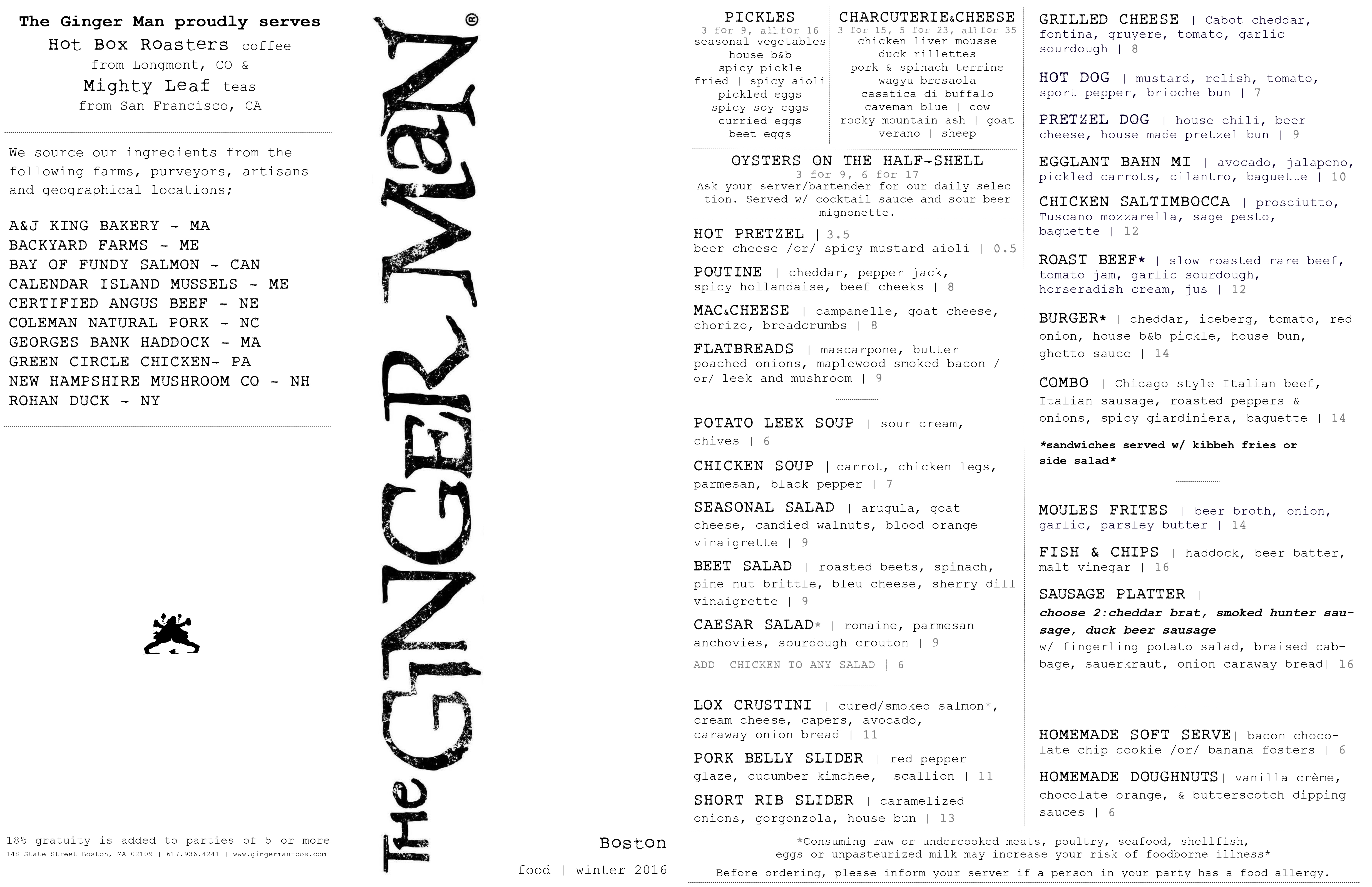 The Ginger Man Boston menu