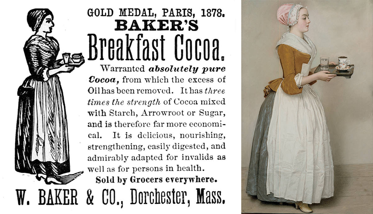 Baker Chocolate ad and 'The Chocolate Girl' painting via Wikimedia/Creative Commons