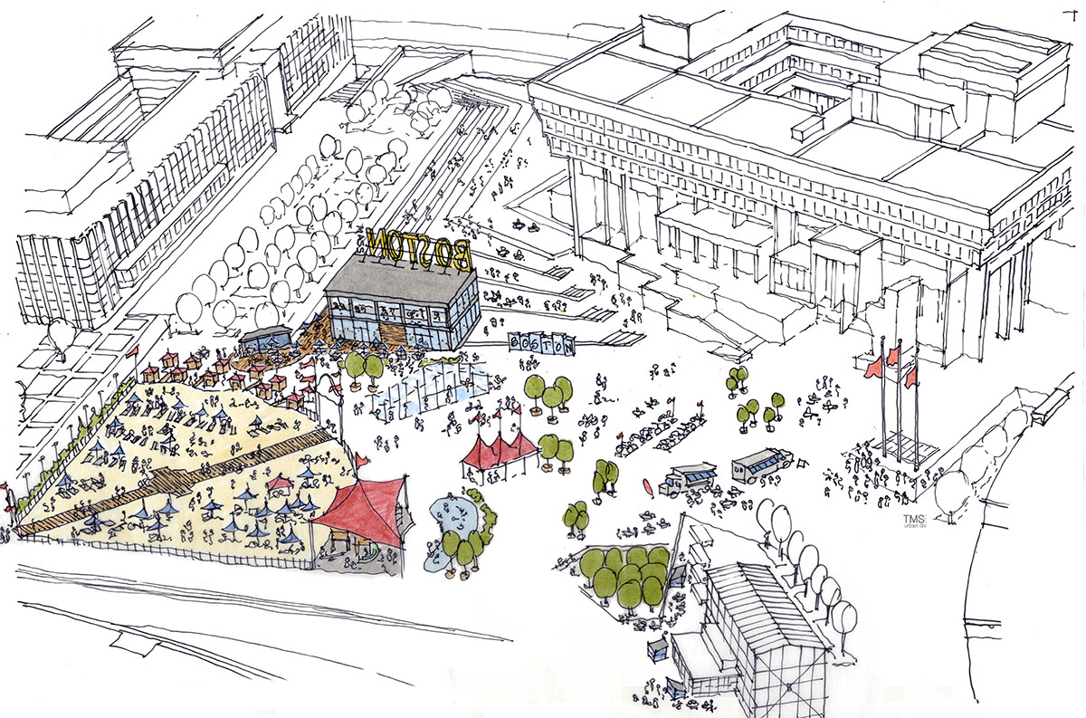 The proposal for City Hall Plaza in the summer. / Photo provided by Delaware North Cos.