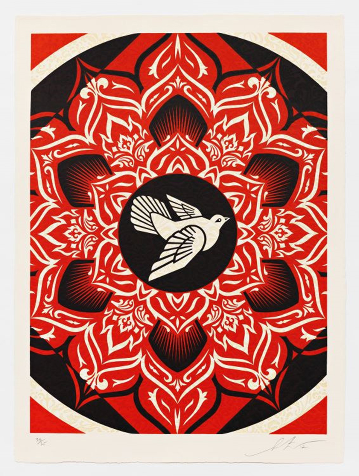 Shepard Fairey. Lotus Target Black, 2012, 20 of 35. Three-Color Relief Print on Handmade Paper. 35”x25.5”. $3,775. / Courtesy of Pace Prints.